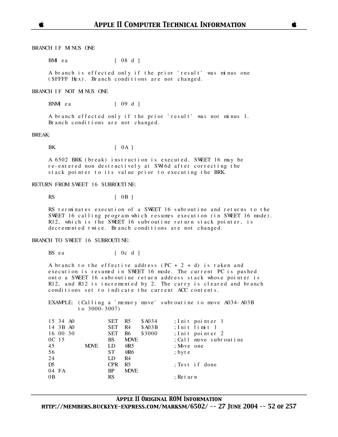 Apple II manual Branch if Minus ONE, Branch if not Minus ONE, Break, Return from Sweet 16 Subroutine, Move 