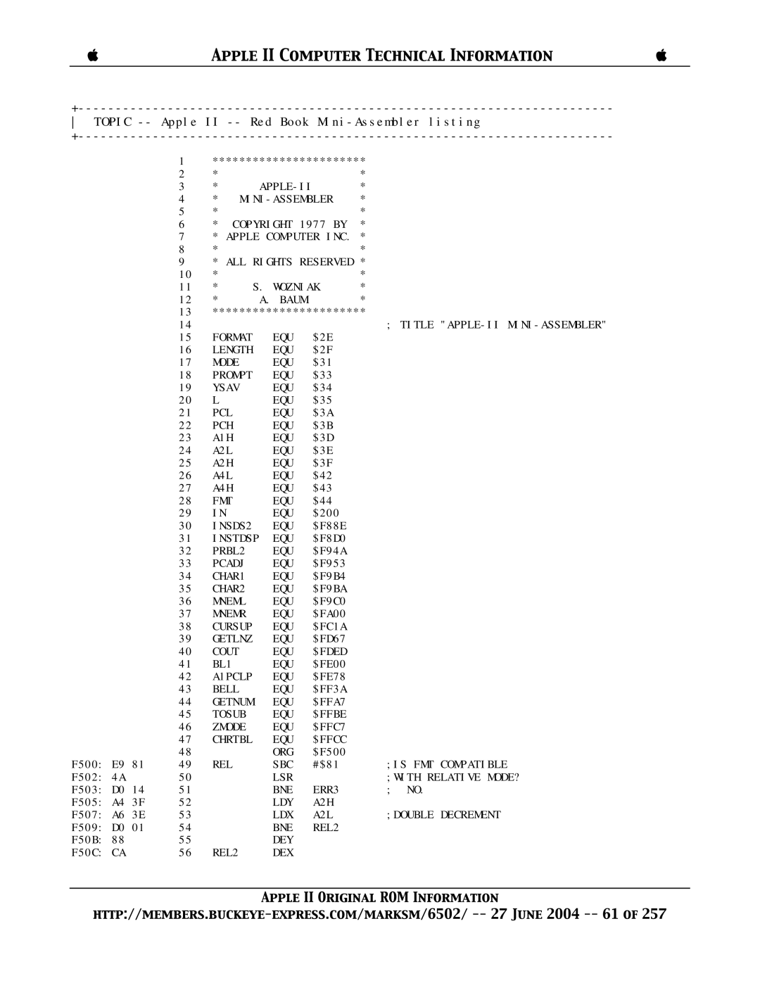 Apple II manual Mini-Assembler, Baum, Mneml, Mnemr, Cursup, A1PCLP, Zmode, Sbc 