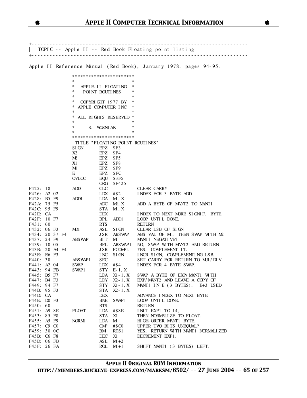 Apple II manual Org, Clc, Sta, Bne, Bmi, Dec, Rol 