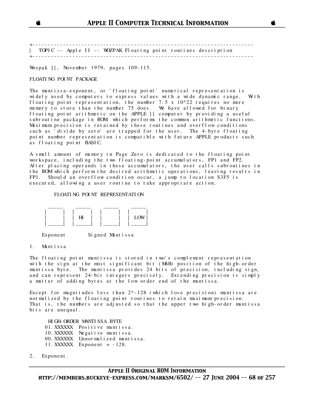 Apple II manual Floating Point Package, Floating Point Representation LOW 