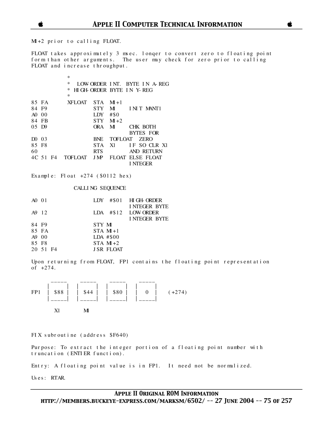 Apple II manual STY Init MANT1 LDY, Sty, Calling Sequence, High-Order, Integer Byte, Low-Order, STY M1, JSR Float 