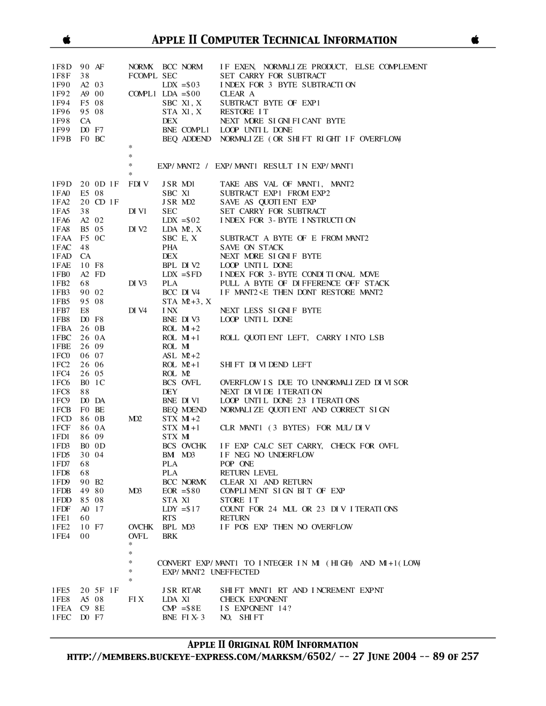 Apple II manual Normx BCC Norm If EXEN, Normalize PRODUCT, Else Complement 