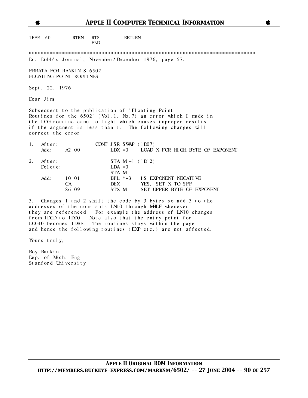 Apple II manual Errata for Rankins Floating Point Routines, LDX Load X for High Byte of Exponent, Lda Sta 