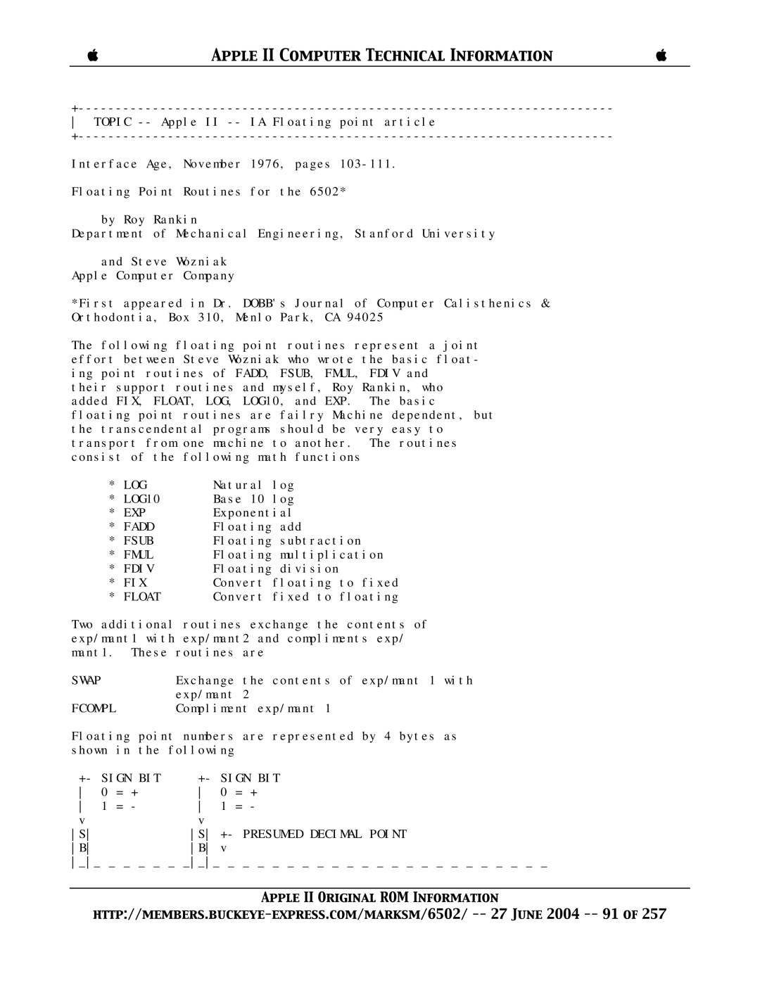 Apple II manual Log, Fadd, Fsub, Fmul, Fdiv, Fix, Fcompl, +- Sign BIT, Presumed Decimal Point 