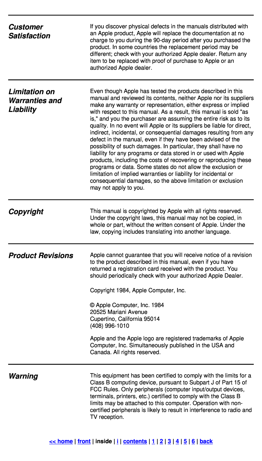 Apple IIc manual Customer Satisfaction, Limitation on Warranties and Liability, Copyright, Product Revisions 