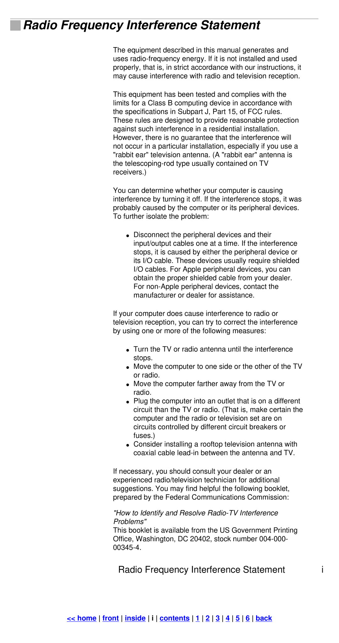 Apple IIc manual Radio Frequency Interference Statement 