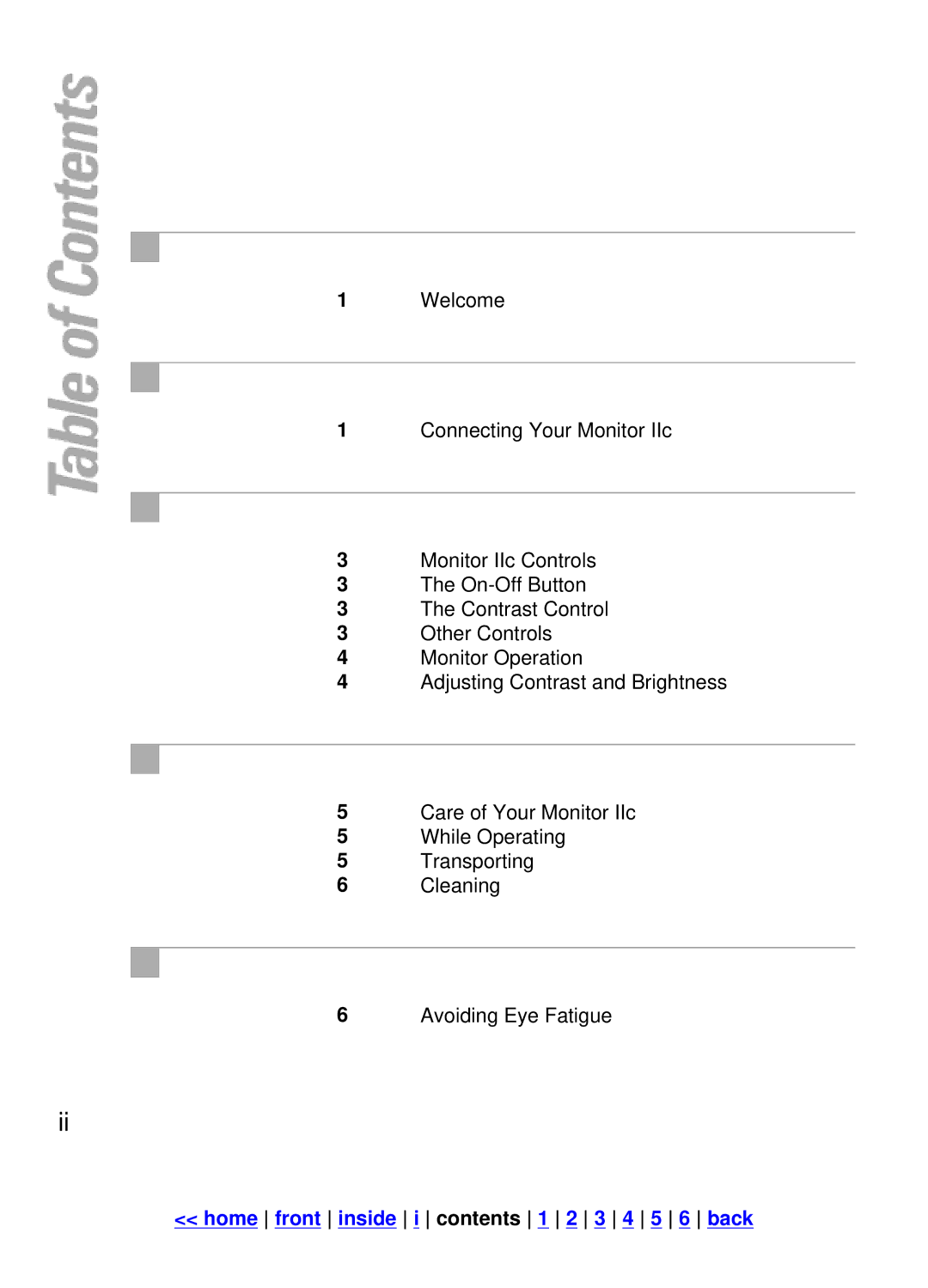 Apple IIc manual Home front inside i contents 1 2 3 4 5 6 back 