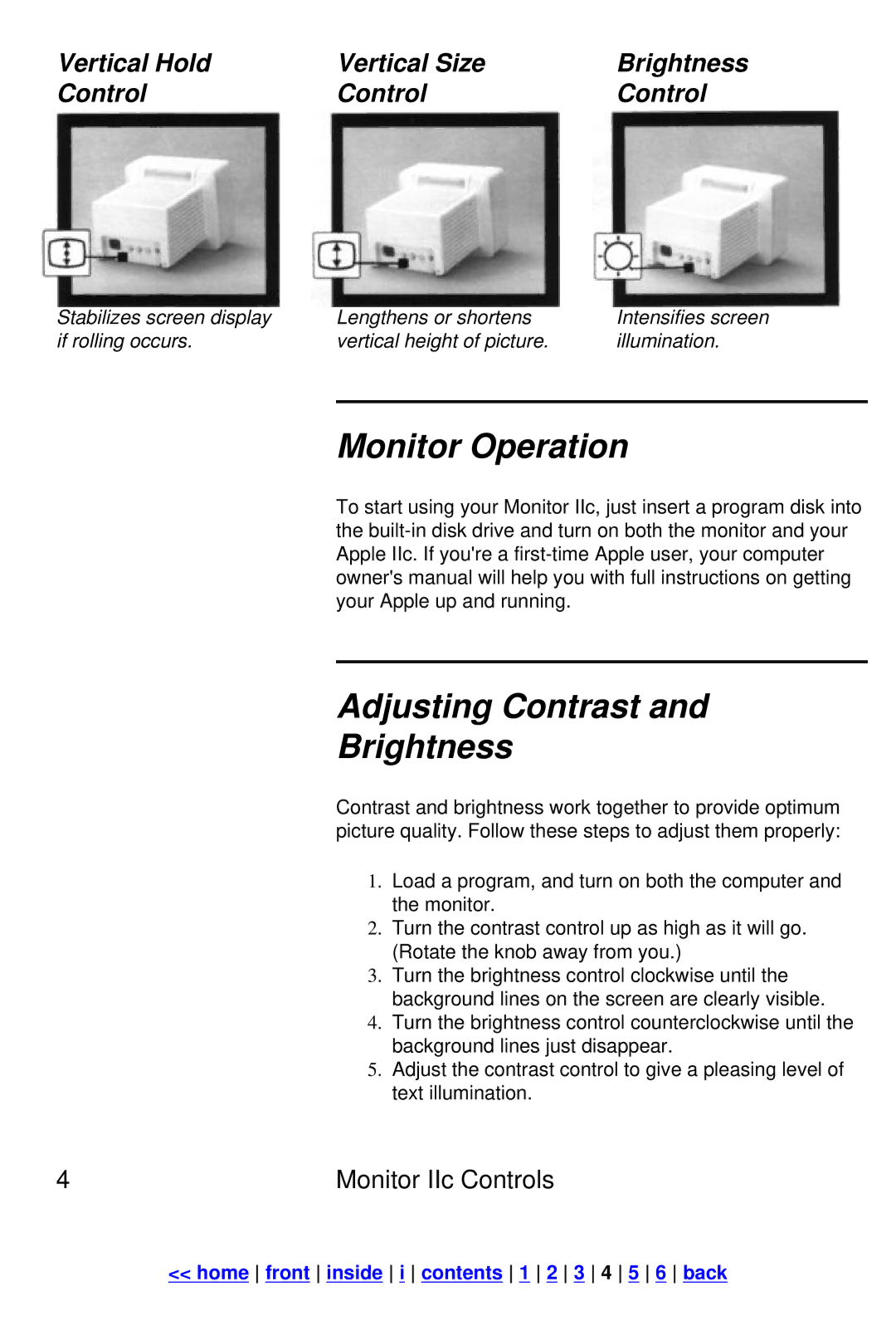 Apple IIc manual Monitor Operation Adjusting Contrast Brightness, Vertical Hold Vertical Size Brightness Control 