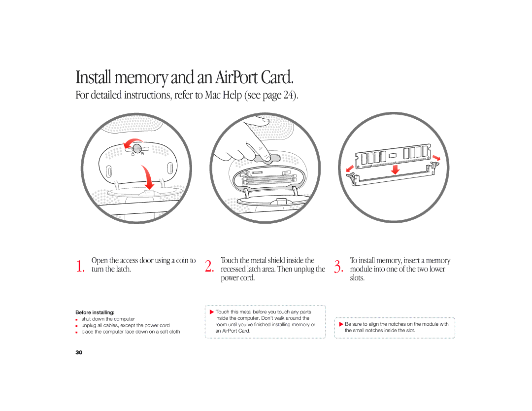 Apple iMac G3 manual Install memory and an AirPort Card, For detailed instructions, refer to Mac Help see 