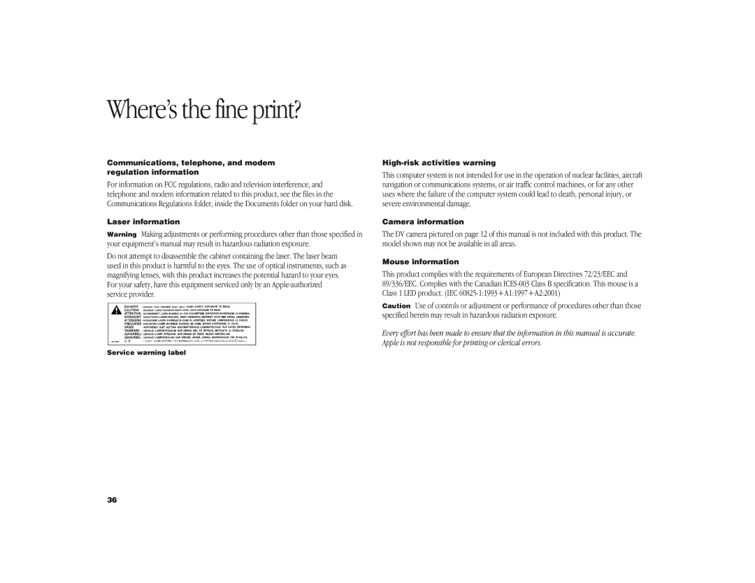 Apple iMac G3 manual Where’s the fine print?, Communications, telephone, and modem regulation information 