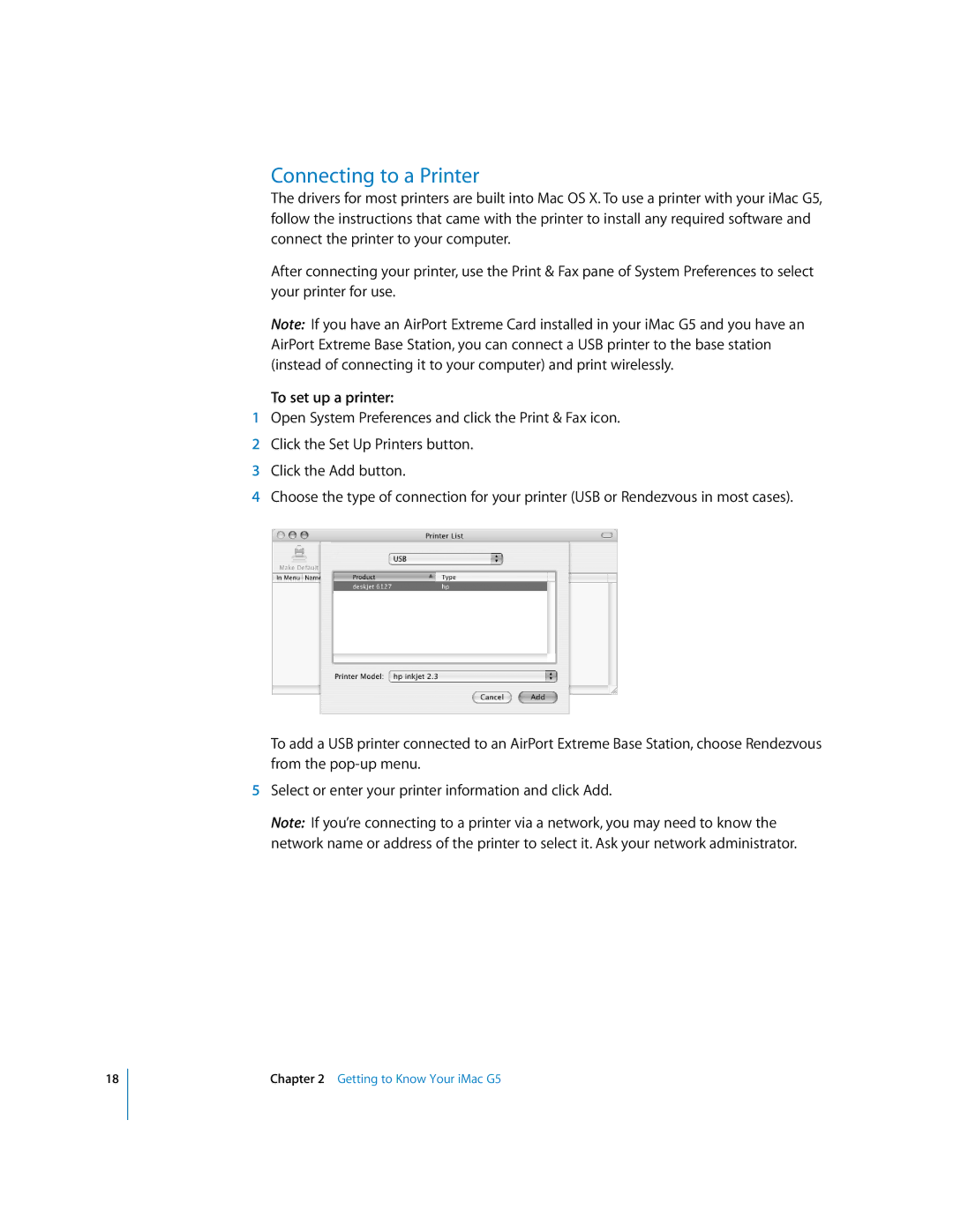 Apple iMac G5 manual Connecting to a Printer, To set up a printer 