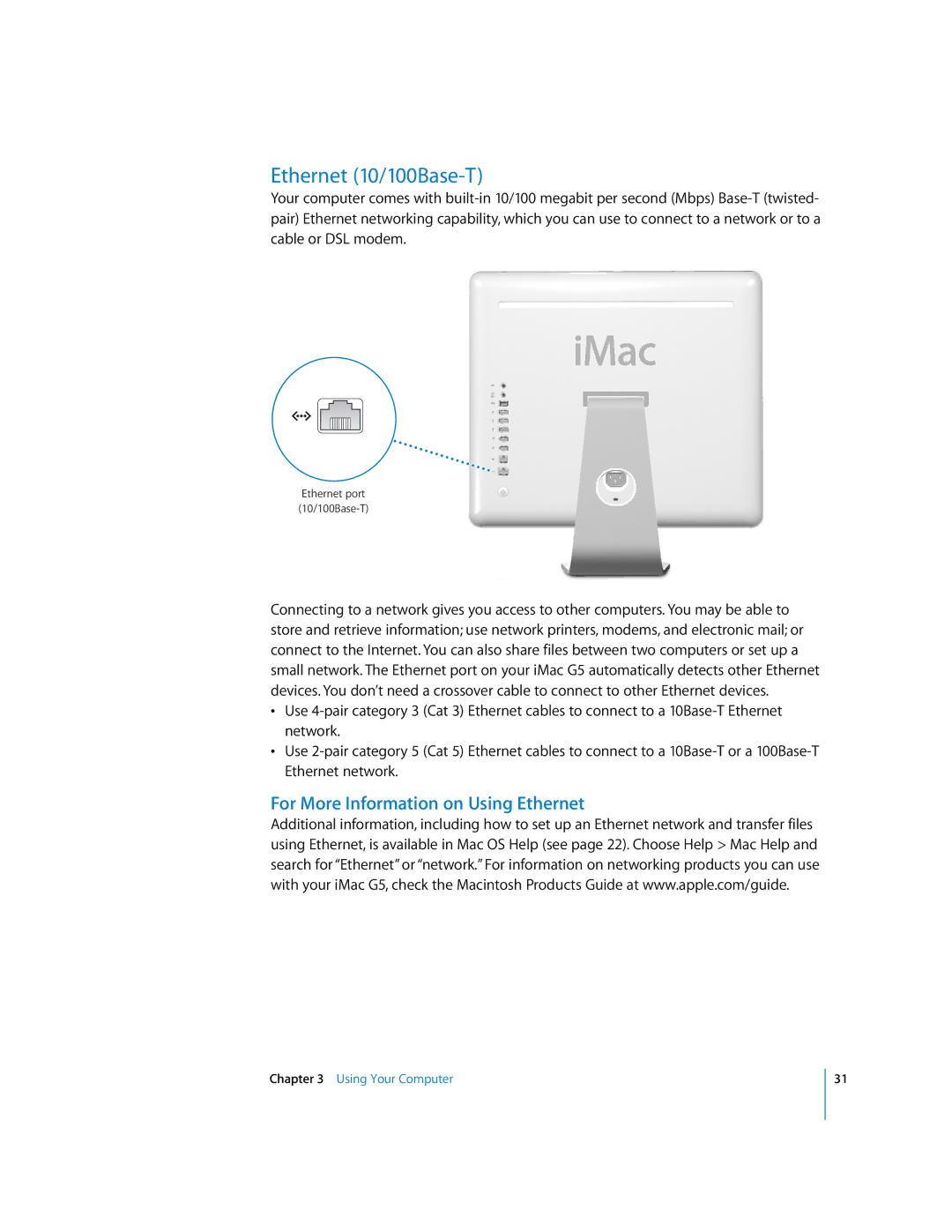 Apple iMac G5 manual Ethernet 10/100Base-T, For More Information on Using Ethernet 