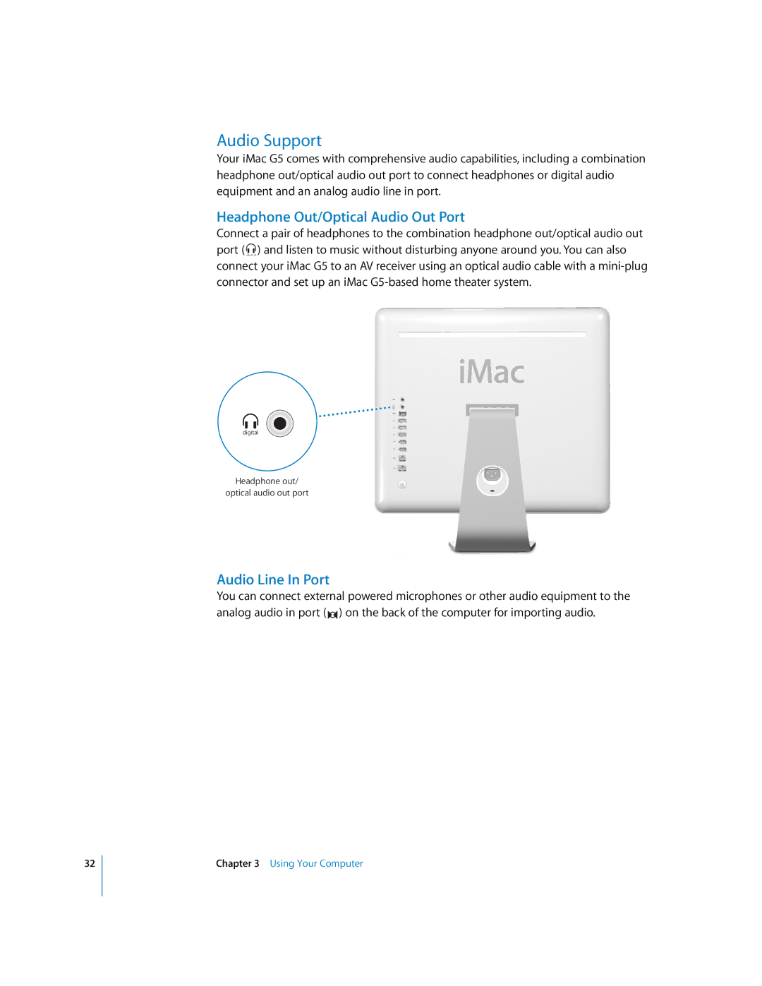 Apple iMac G5 manual Audio Support, Headphone Out/Optical Audio Out Port, Audio Line In Port 