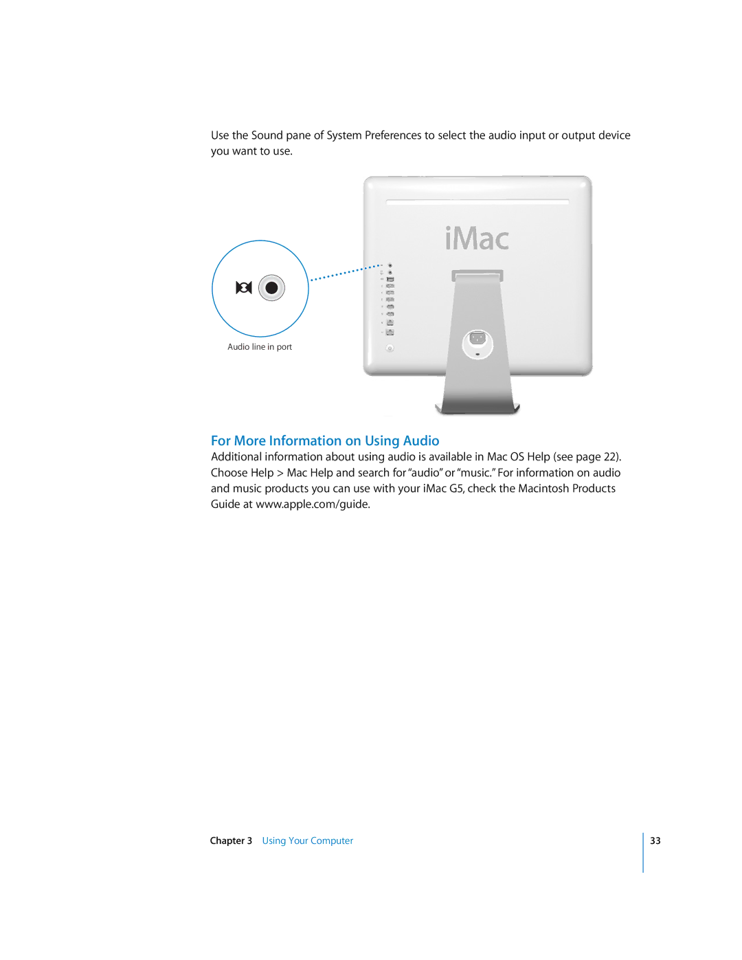 Apple iMac G5 manual For More Information on Using Audio 