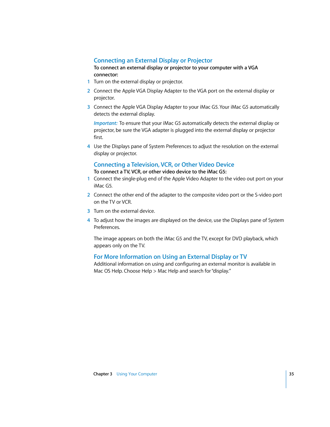 Apple iMac G5 manual Connecting an External Display or Projector, Connecting a Television, VCR, or Other Video Device 