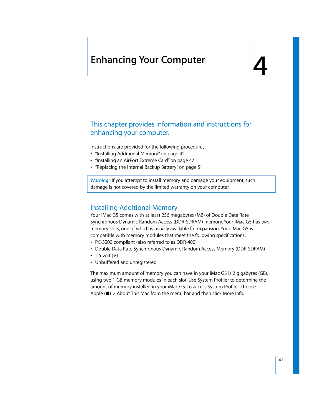 Apple iMac G5 manual 4Enhancing Your Computer, Installing Additional Memory 