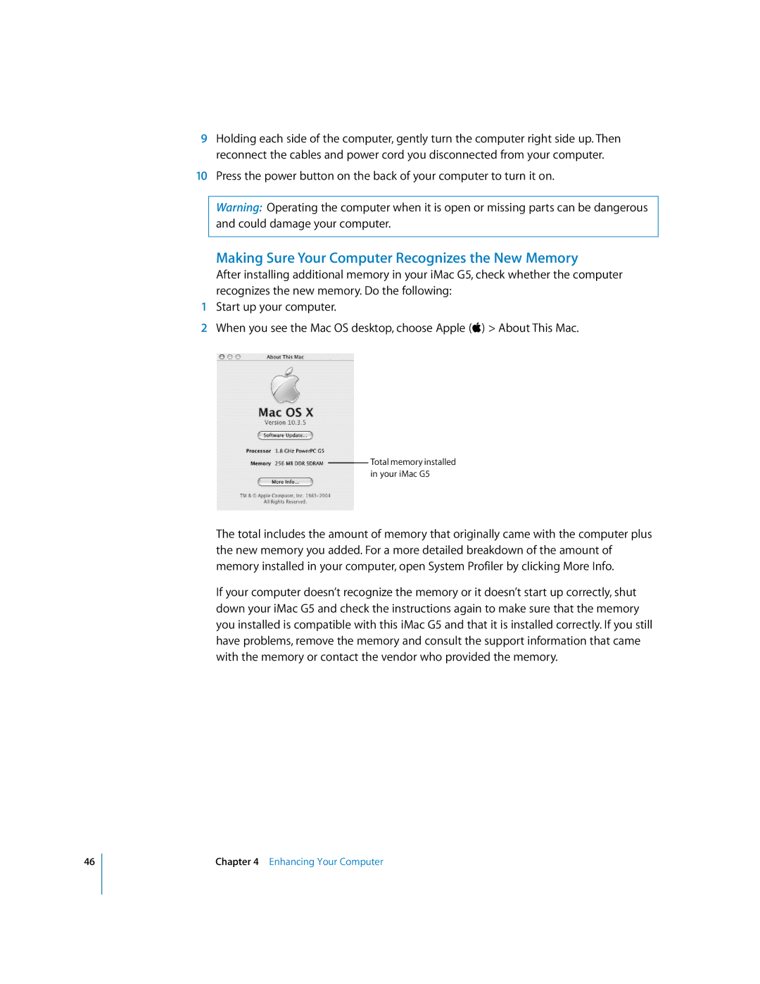 Apple iMac G5 manual Making Sure Your Computer Recognizes the New Memory 