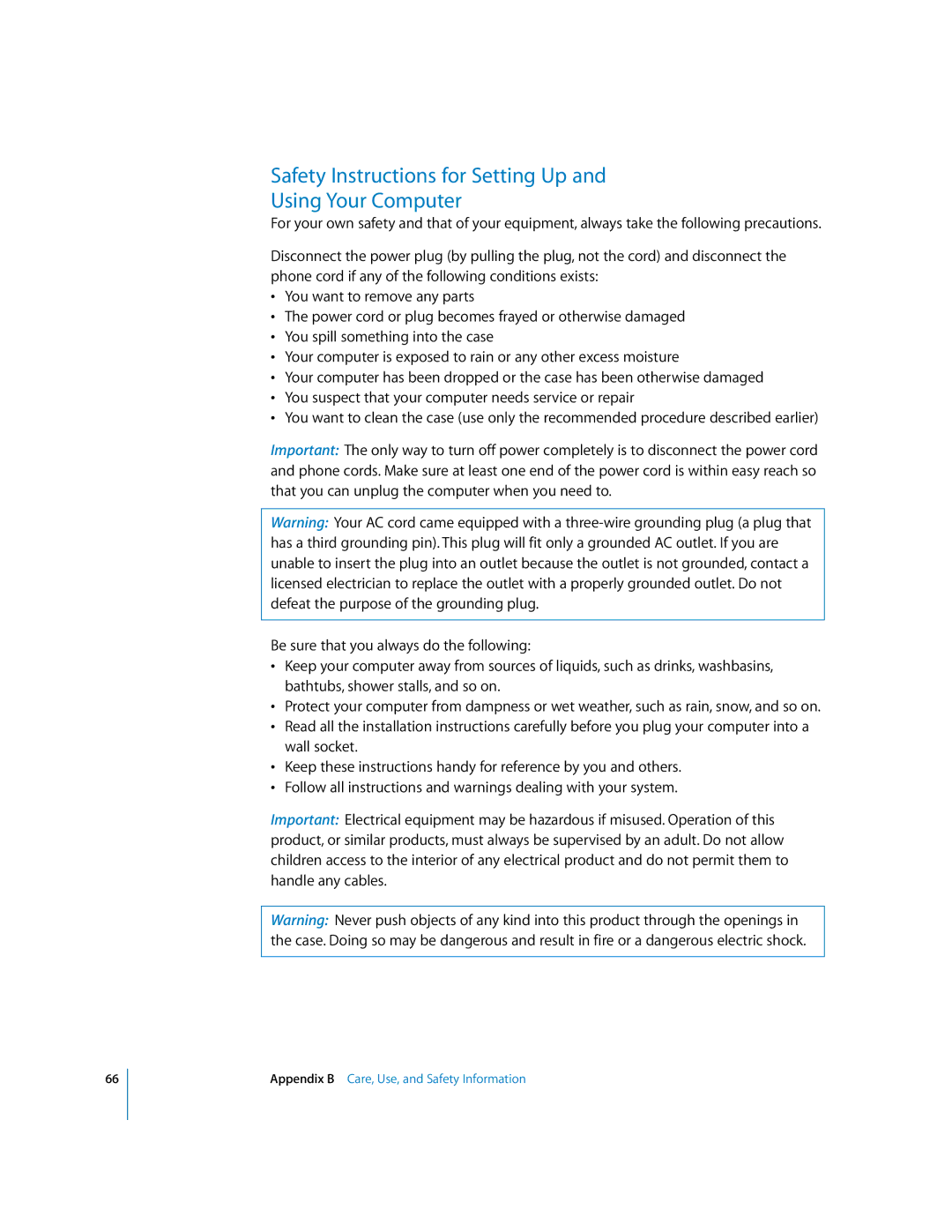 Apple iMac G5 manual Safety Instructions for Setting Up Using Your Computer, Appendix B Care, Use, and Safety Information 