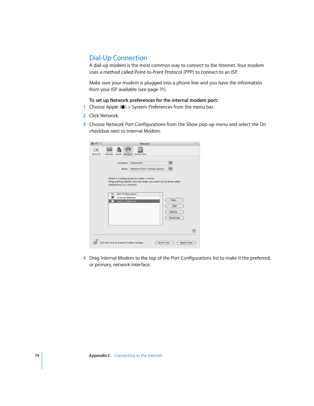 Apple iMac G5 manual Dial-Up Connection, To set up Network preferences for the internal modem port 