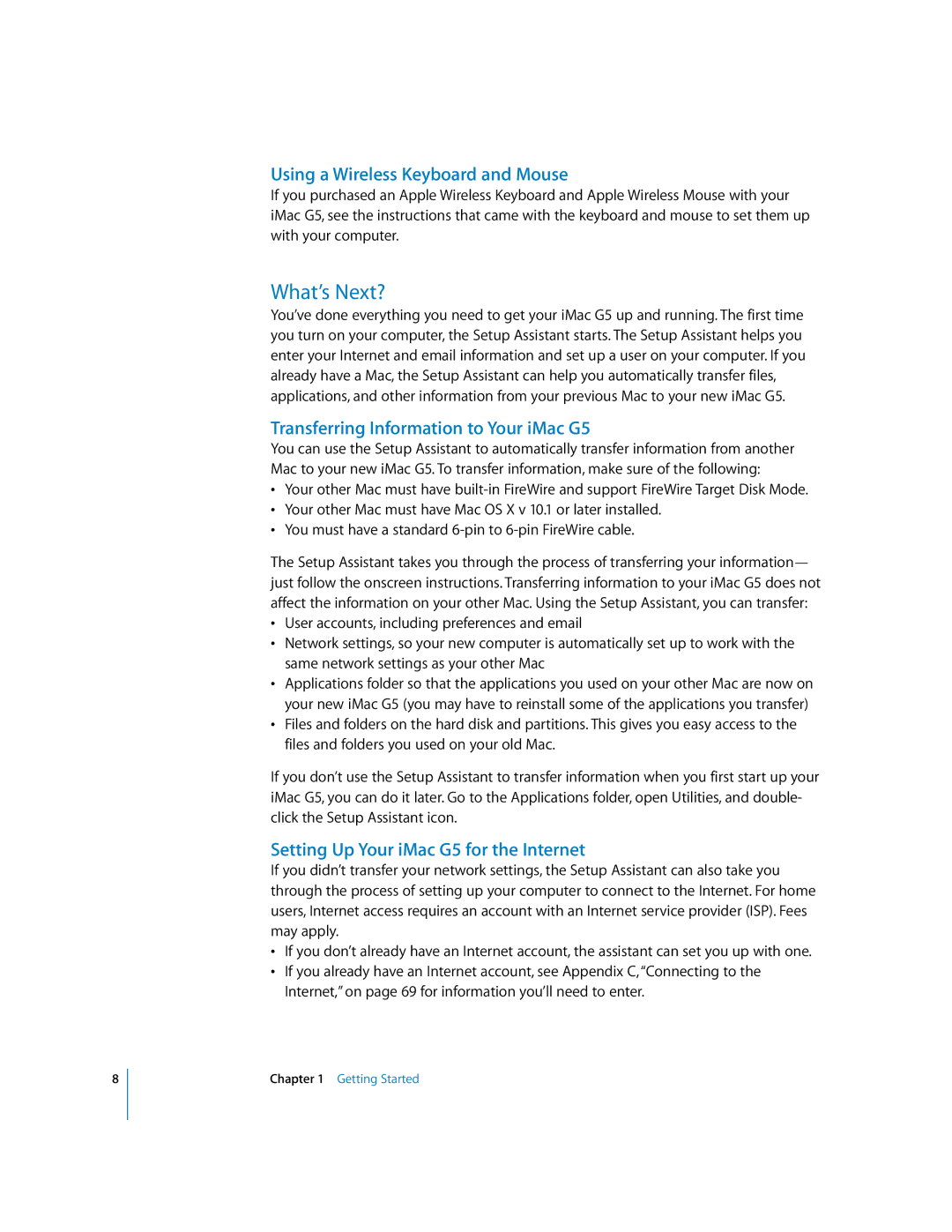 Apple manual What’s Next?, Using a Wireless Keyboard and Mouse, Transferring Information to Your iMac G5 