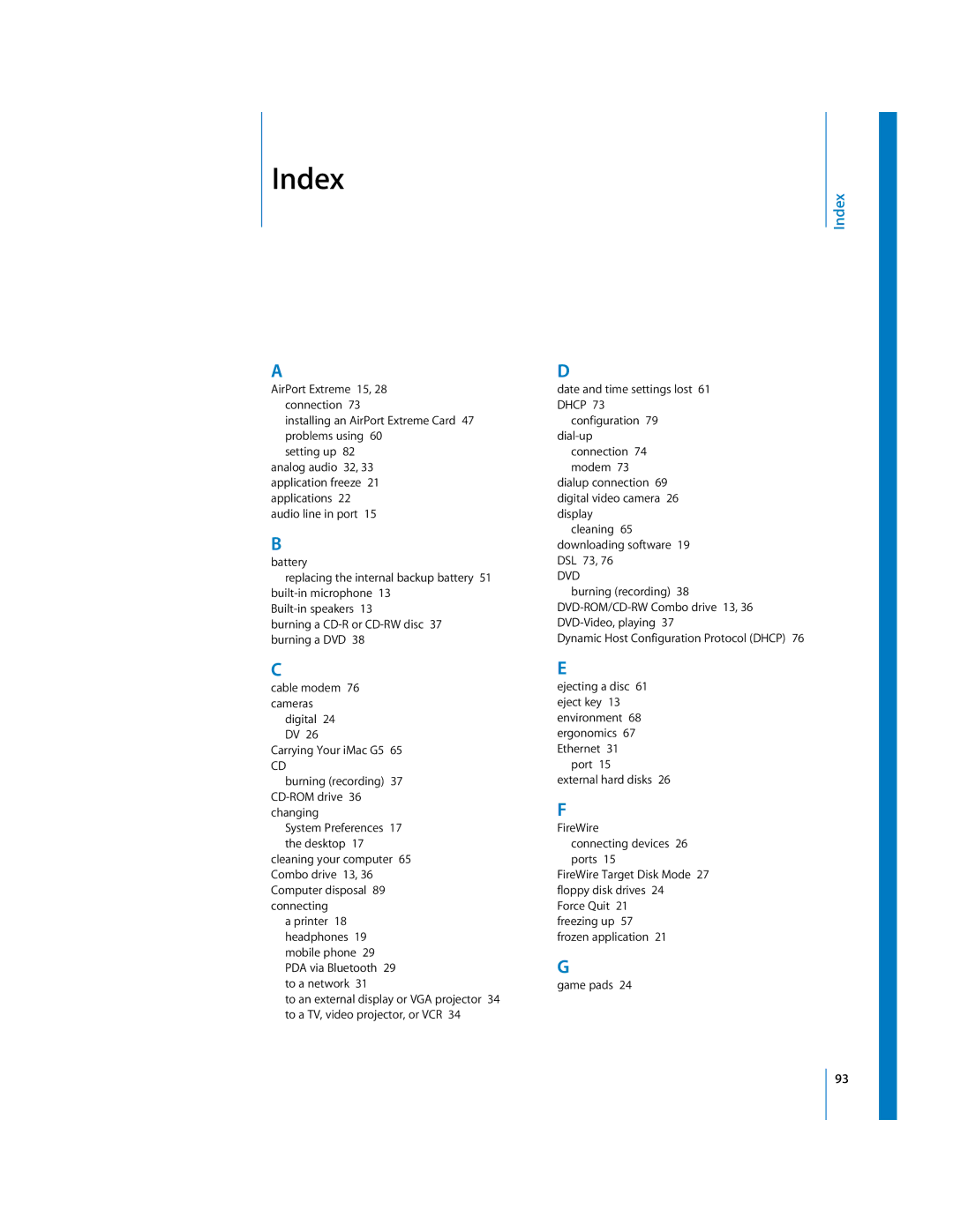 Apple iMac G5 manual Index 