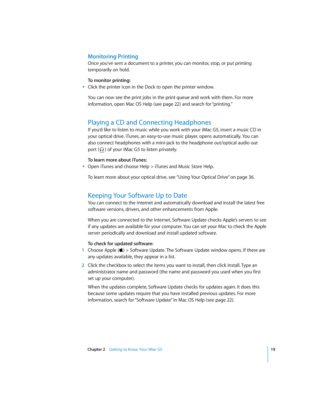 Apple imac manual Playing a CD and Connecting Headphones, Keeping Your Software Up to Date, Monitoring Printing 