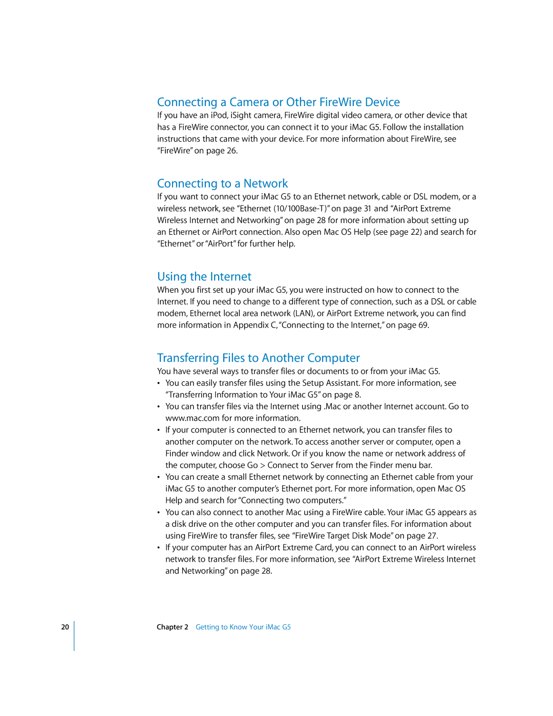 Apple imac manual Connecting a Camera or Other FireWire Device, Connecting to a Network, Using the Internet 