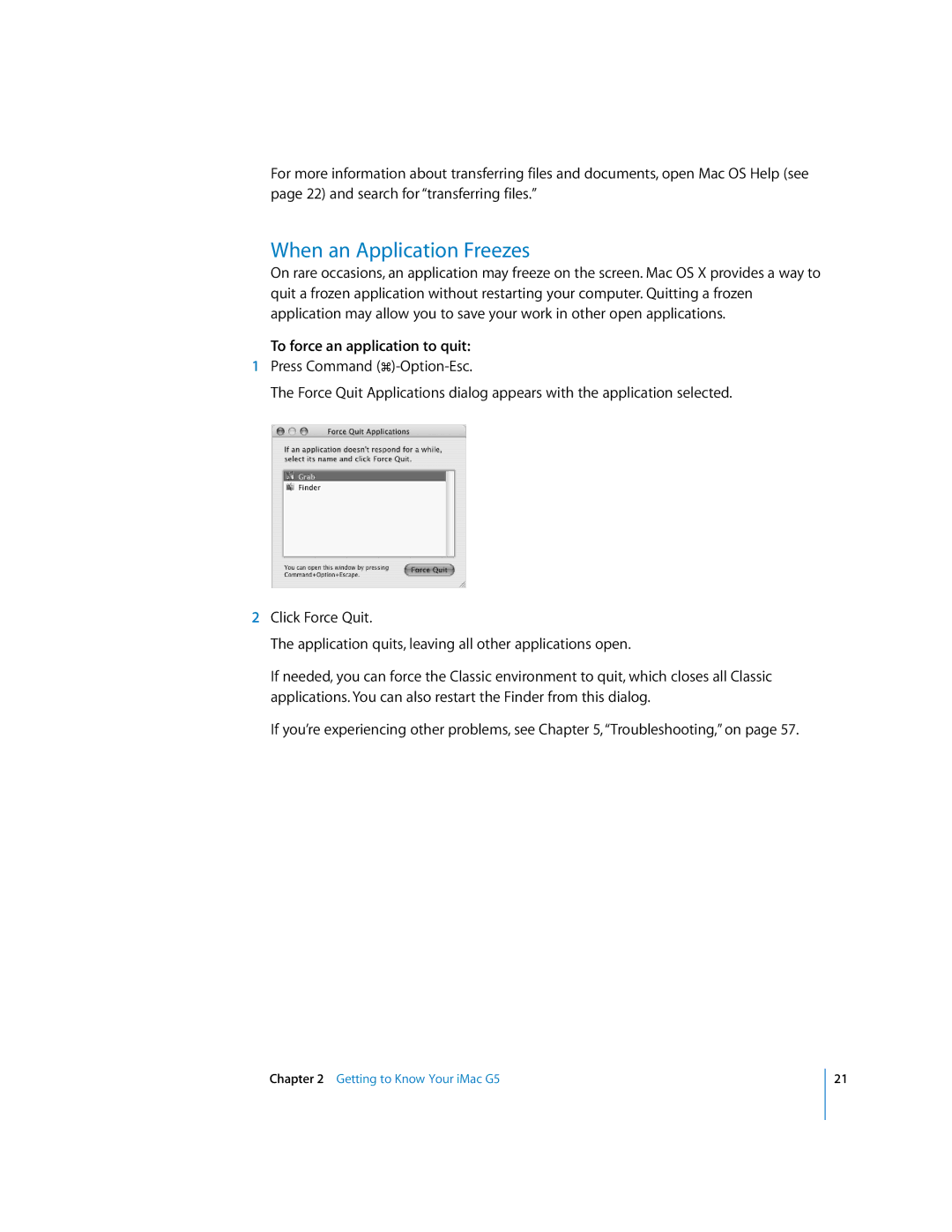 Apple imac manual When an Application Freezes, To force an application to quit 