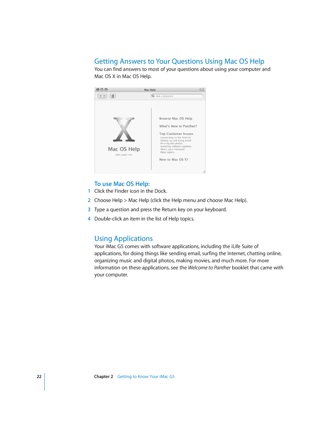 Apple imac manual Getting Answers to Your Questions Using Mac OS Help, Using Applications, To use Mac OS Help 