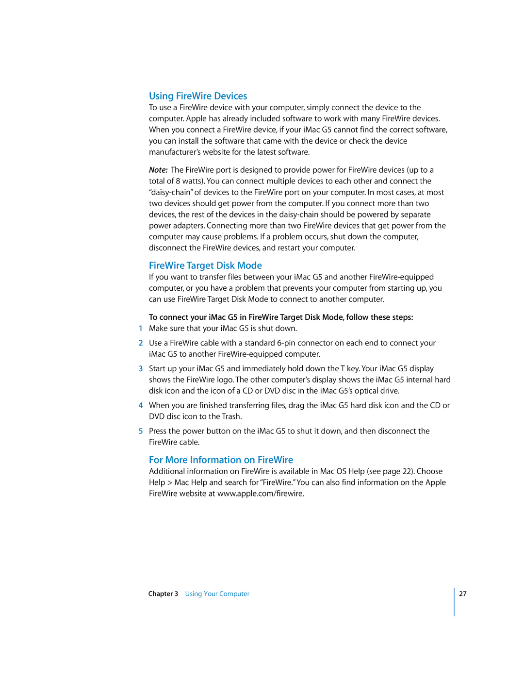 Apple imac manual Using FireWire Devices, FireWire Target Disk Mode, For More Information on FireWire 