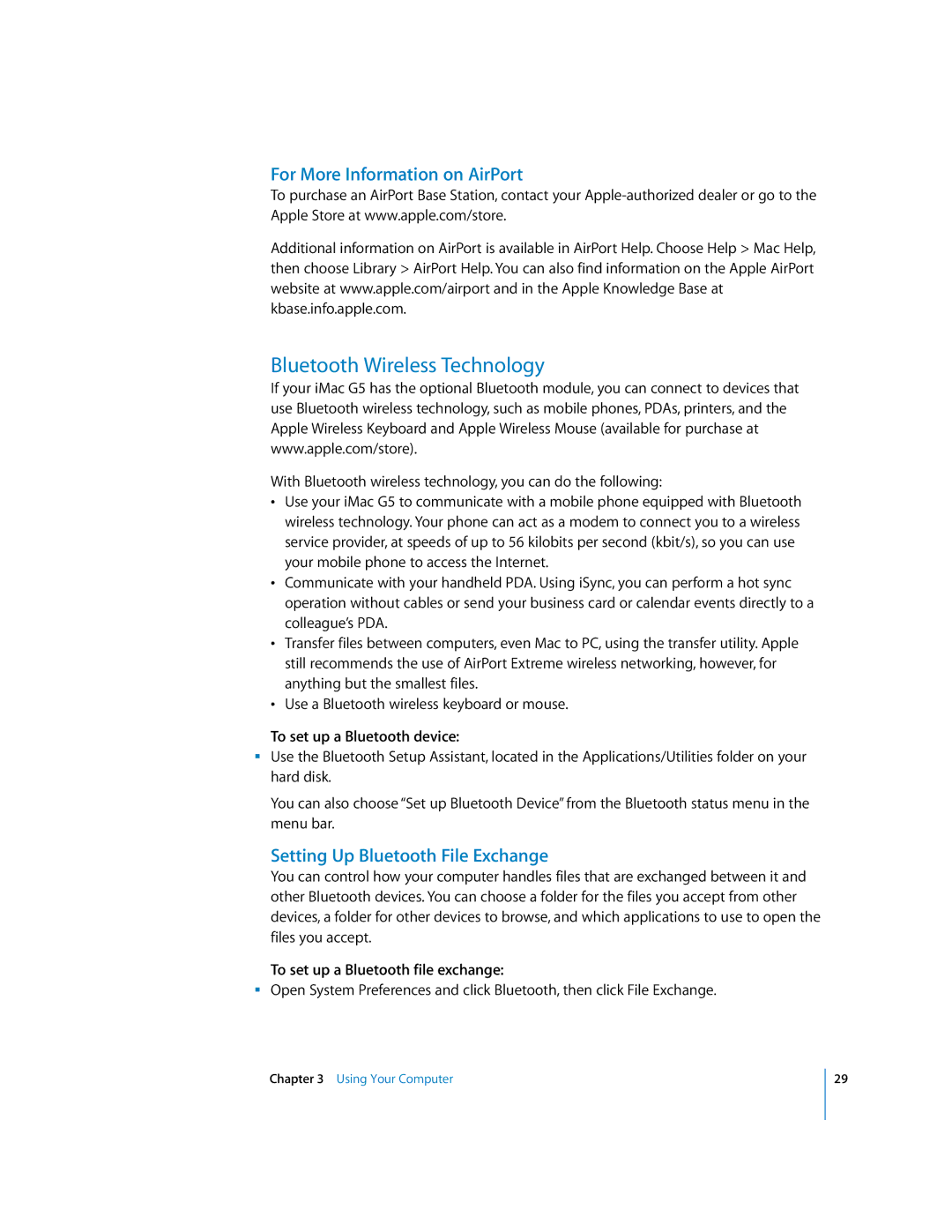 Apple imac manual Bluetooth Wireless Technology, For More Information on AirPort, Setting Up Bluetooth File Exchange 