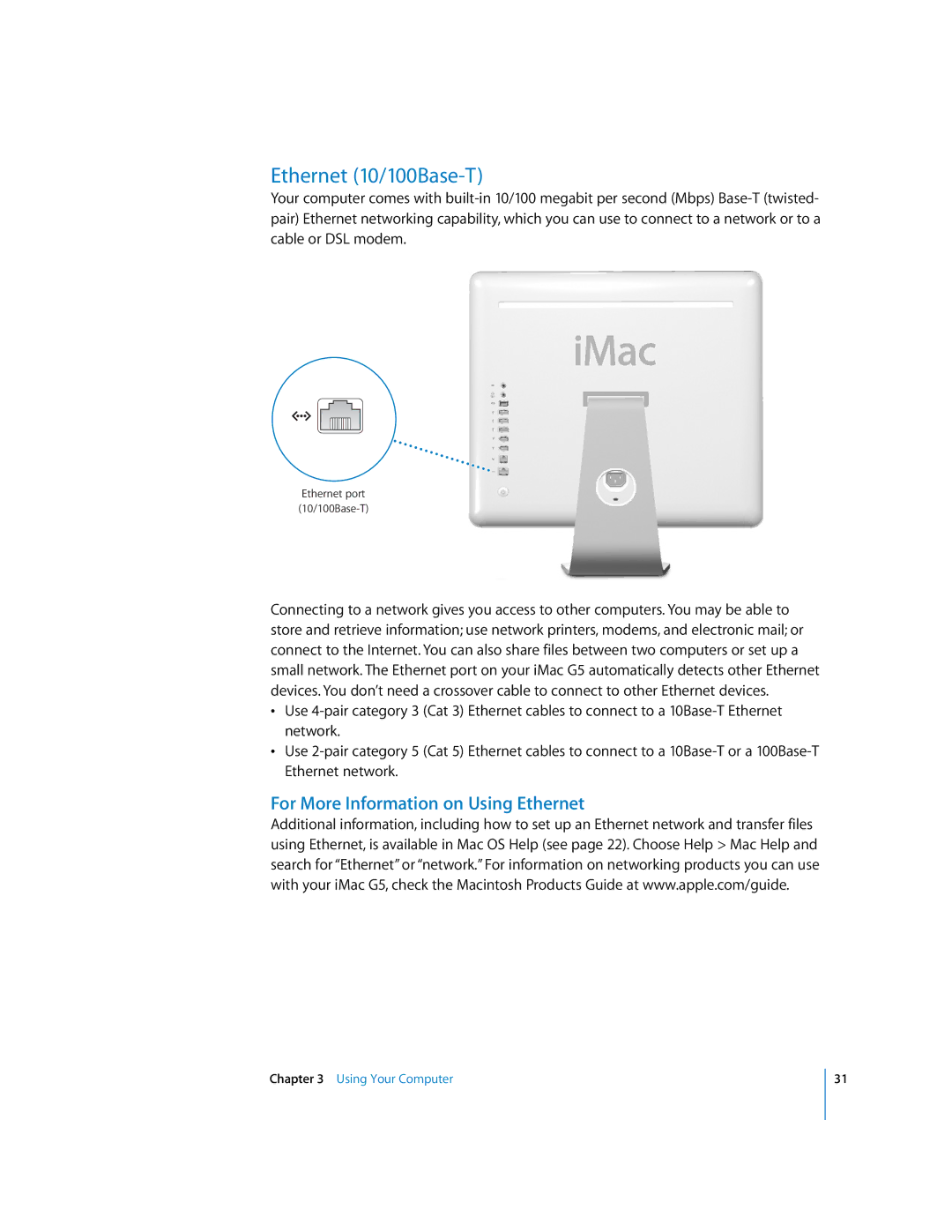 Apple imac manual Ethernet 10/100Base-T, For More Information on Using Ethernet 