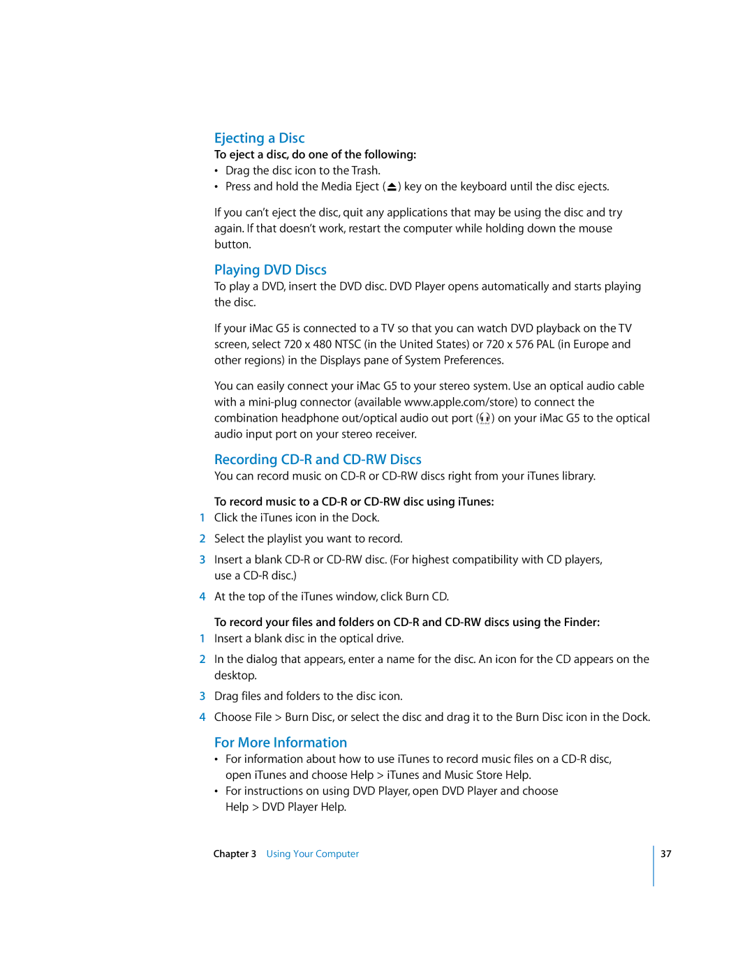Apple imac manual Ejecting a Disc, Playing DVD Discs, Recording CD-R and CD-RW Discs, For More Information 