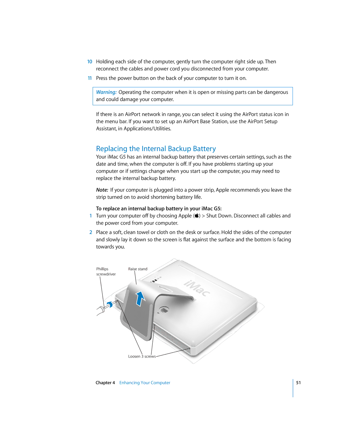 Apple imac manual Replacing the Internal Backup Battery, To replace an internal backup battery in your iMac G5 