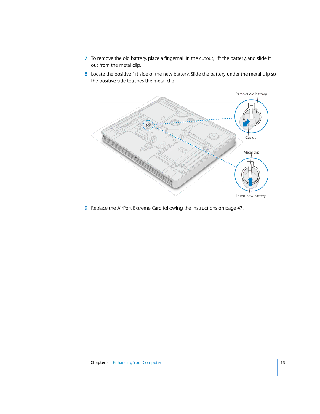 Apple imac manual Remove old battery Cut-out Metal clip Insert new battery 