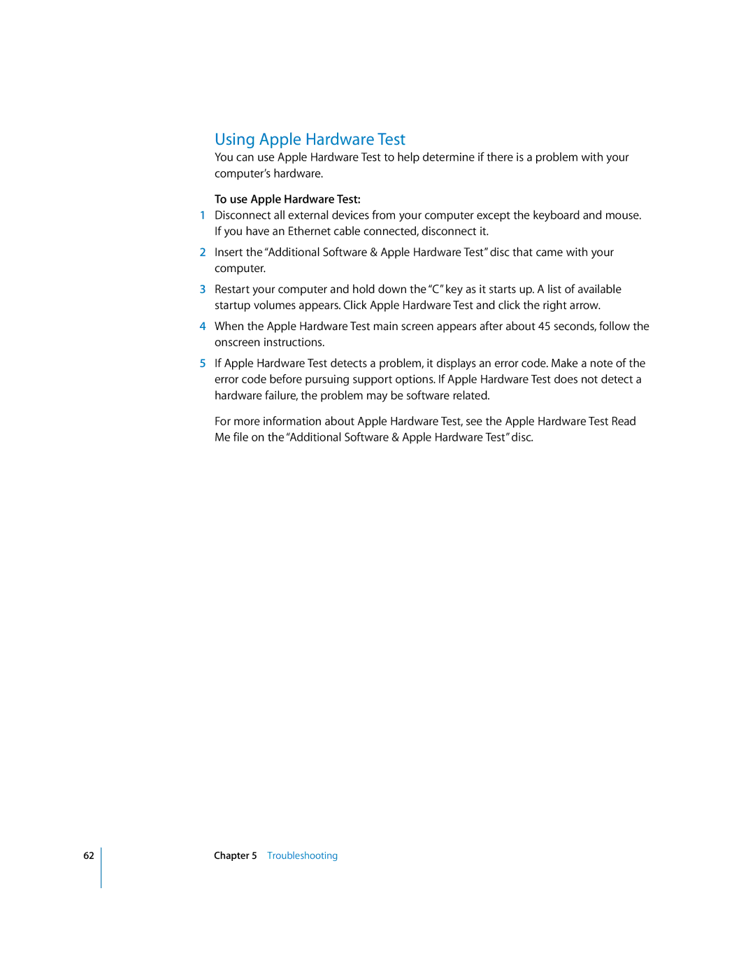 Apple imac manual Using Apple Hardware Test, To use Apple Hardware Test 