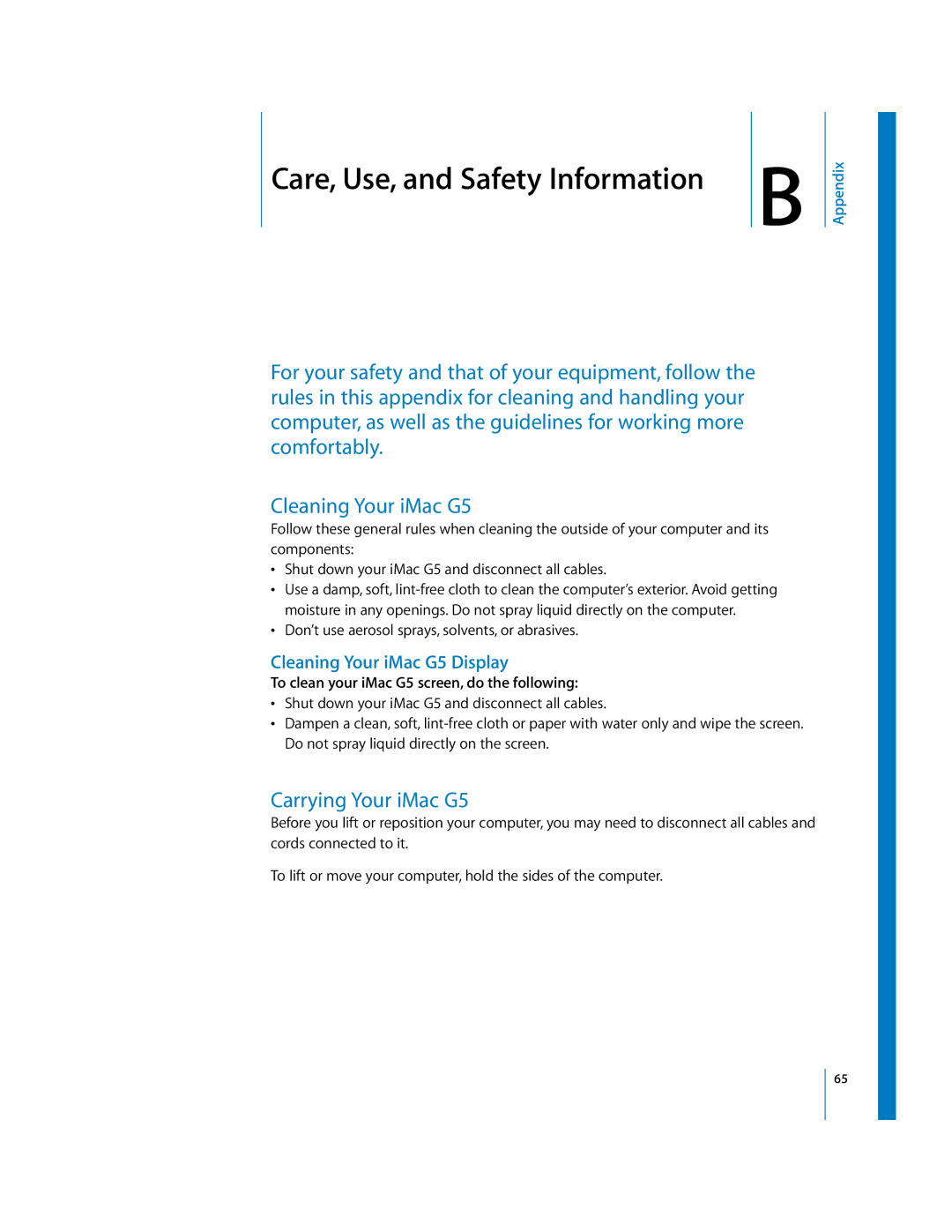 Apple imac manual Carrying Your iMac G5, Cleaning Your iMac G5 Display, To clean your iMac G5 screen, do the following 