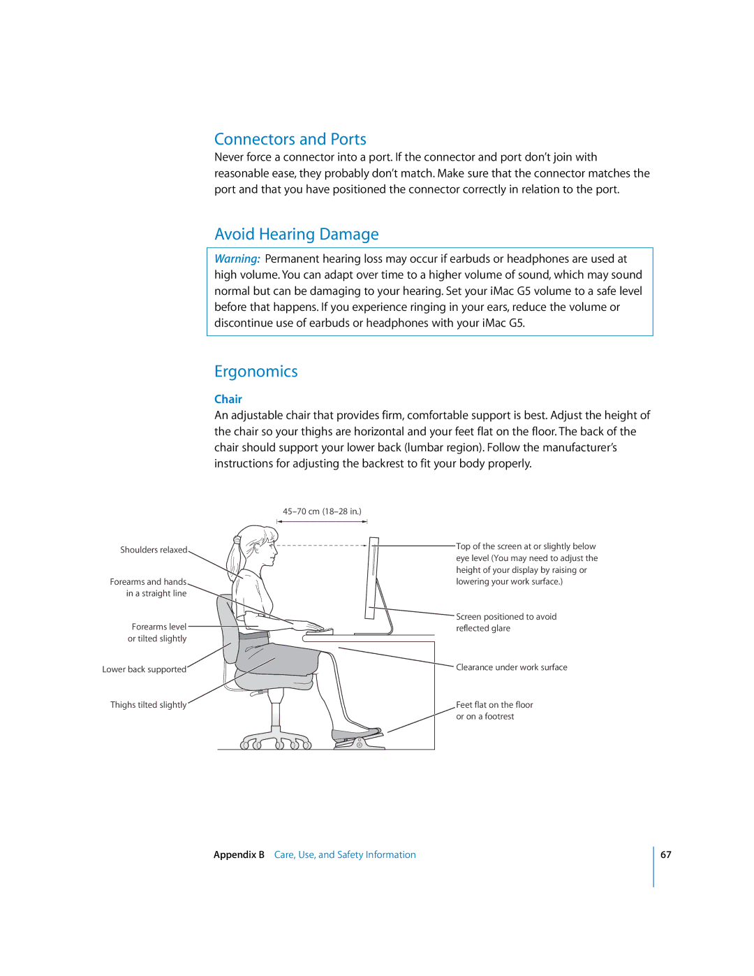 Apple imac manual Connectors and Ports, Avoid Hearing Damage Ergonomics 