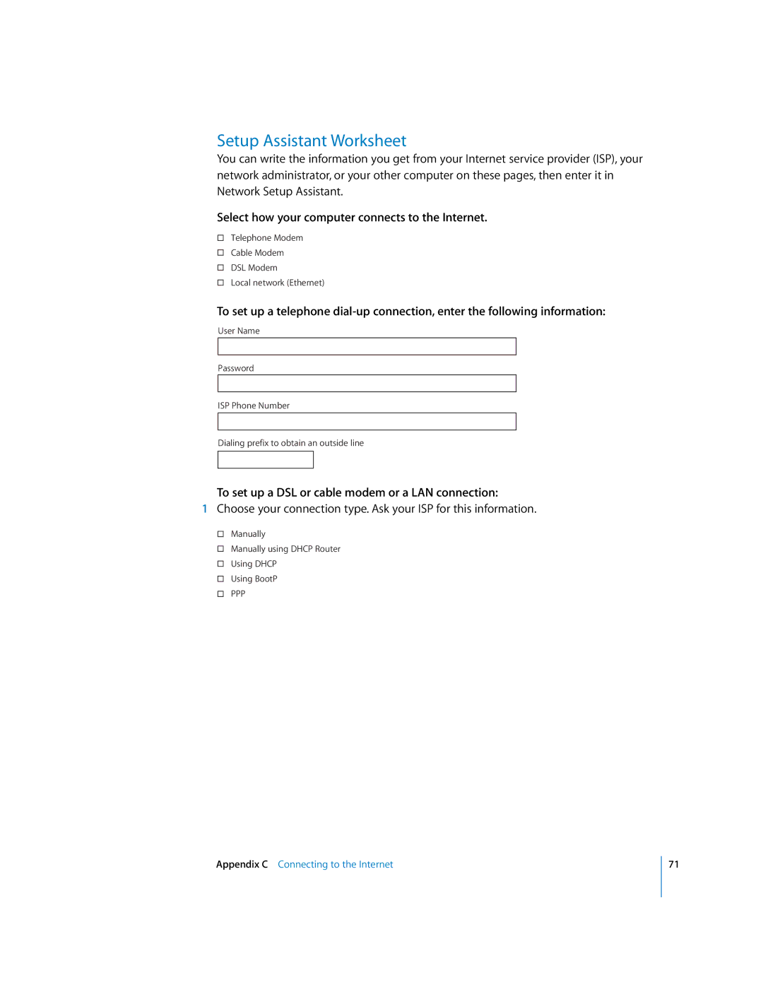 Apple imac manual Setup Assistant Worksheet, Select how your computer connects to the Internet 