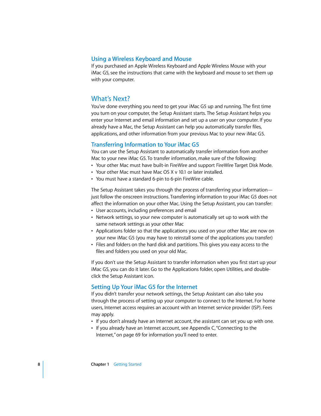 Apple imac manual What’s Next?, Using a Wireless Keyboard and Mouse, Transferring Information to Your iMac G5 