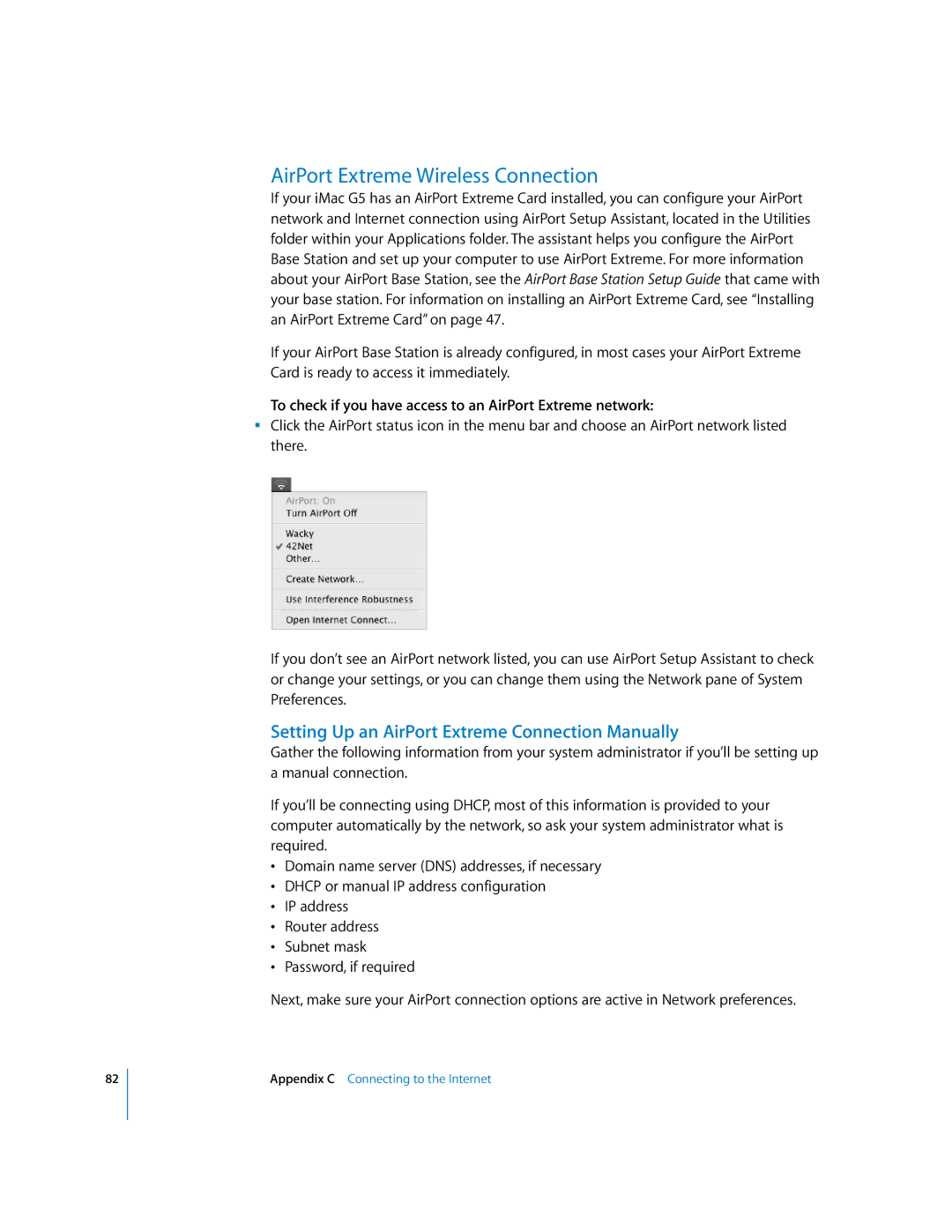 Apple imac manual AirPort Extreme Wireless Connection, Setting Up an AirPort Extreme Connection Manually 