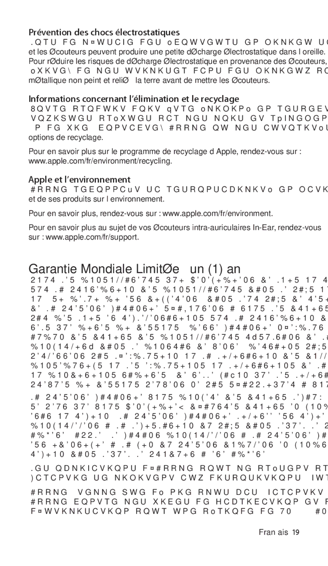 Apple ZM034-5103-A Garantie Mondiale Limitée à un 1 an, Prévention des chocs électrostatiques, Apple et l’environnement 