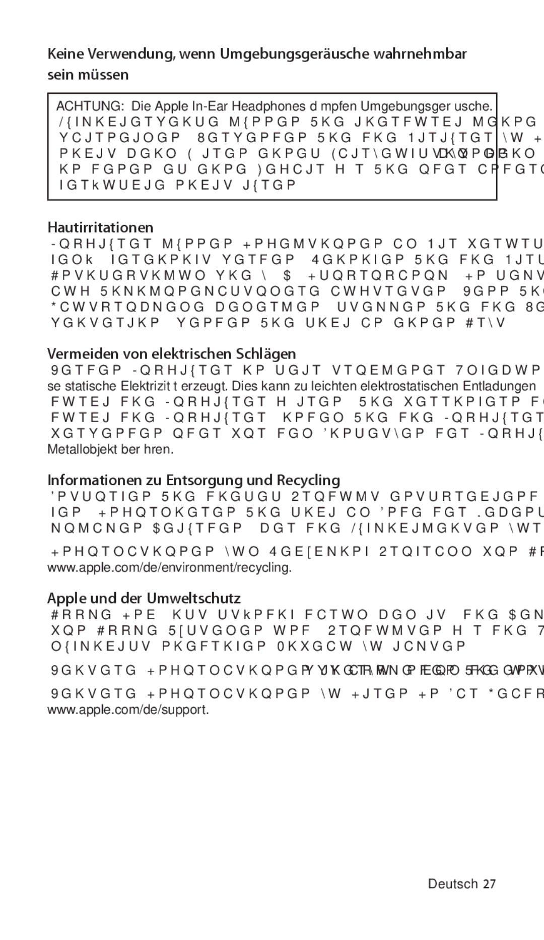 Apple ZM034-5103-A manual Hautirritationen, Vermeiden von elektrischen Schlägen, Informationen zu Entsorgung und Recycling 