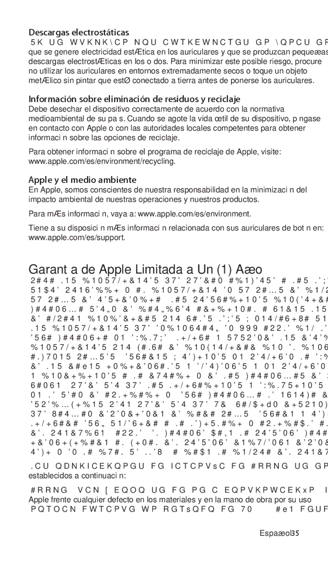 Apple ZM034-5103-A Garantía de Apple Limitada a Un 1 Año, Descargas electrostáticas, Apple y el medio ambiente, Español 35 