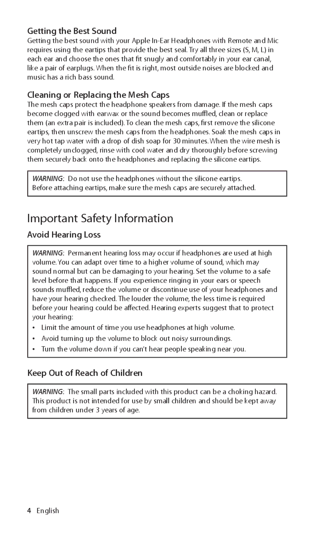 Apple In-Ear Important Safety Information, Getting the Best Sound, Cleaning or Replacing the Mesh Caps, Avoid Hearing Loss 