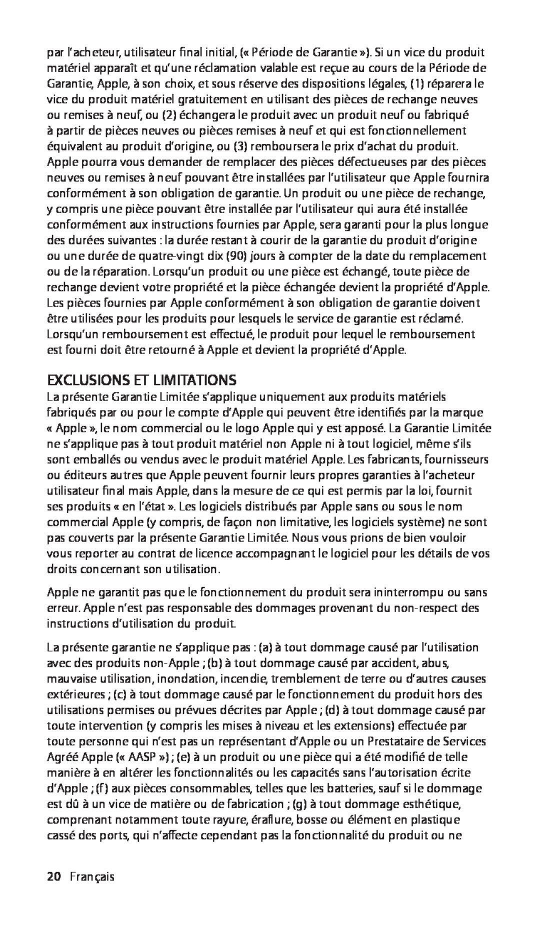 Apple In-Ear, ZM034-5103-A manual Exclusions Et Limitations, Français 