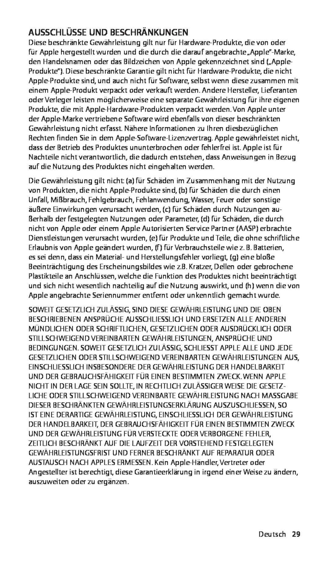 Apple ZM034-5103-A, In-Ear manual Ausschlüsse Und Beschränkungen, Deutsch29 