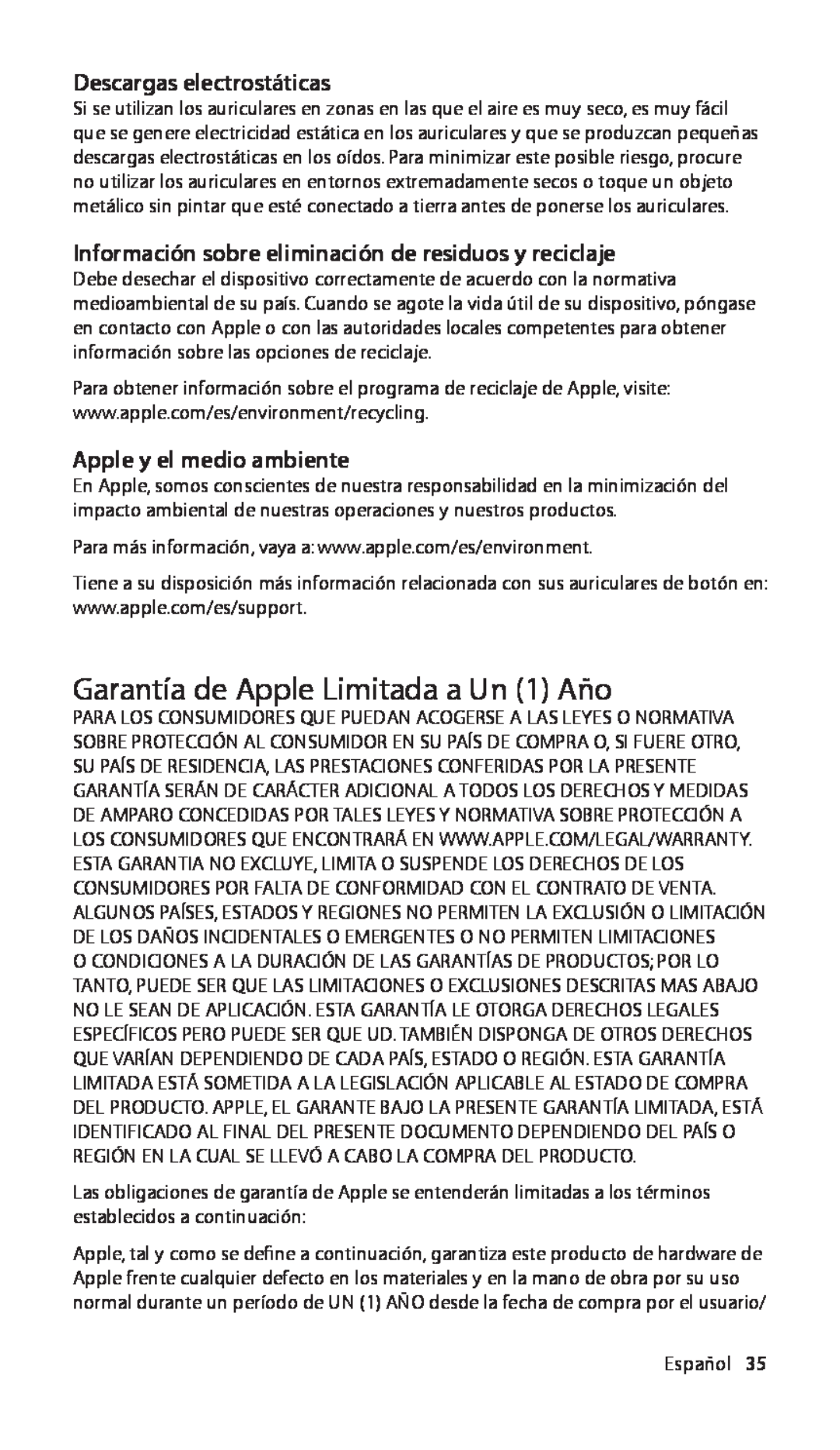 Apple ZM034-5103-A, In-Ear Garantía de Apple Limitada a Un 1 Año, Descargas electrostáticas, Apple y el medio ambiente 