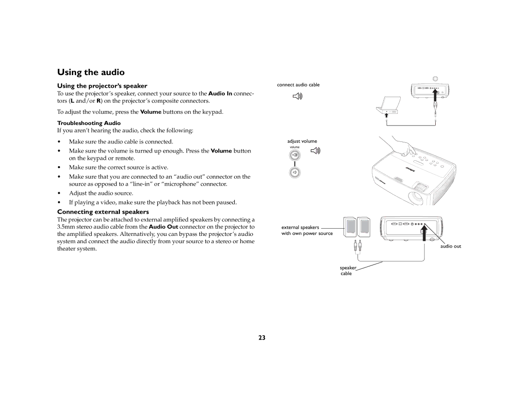 Apple IN20 Series Using the audio, Using the projector’s speaker, Connecting external speakers, Troubleshooting Audio 