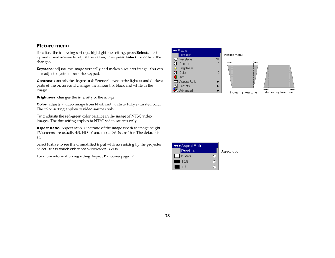 Apple IN20 Series manual Picture menu 